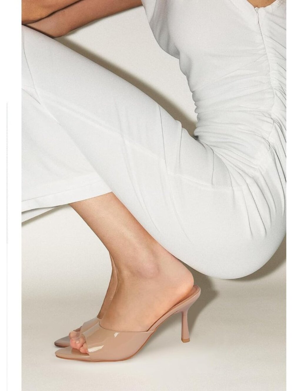 Women's Nude Leather Pointed Open Toe Mule High Heels Slingback Slip On Sandals - Picture 2 of 5